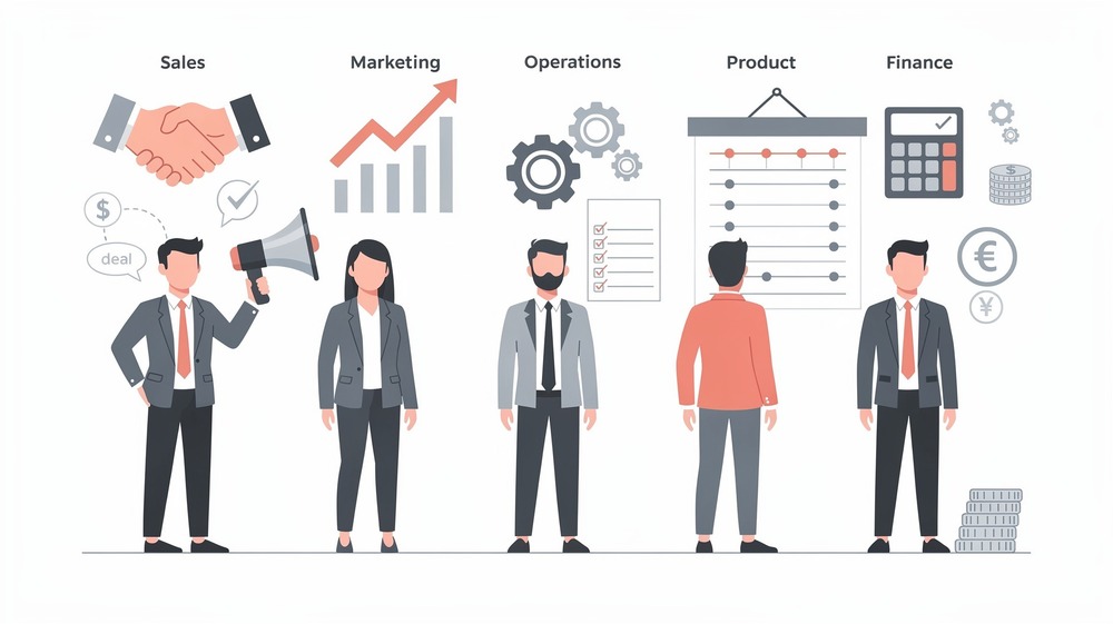 Five professional figures representing different non-technical founder archetypes: sales, marketing, operations, product, and finance