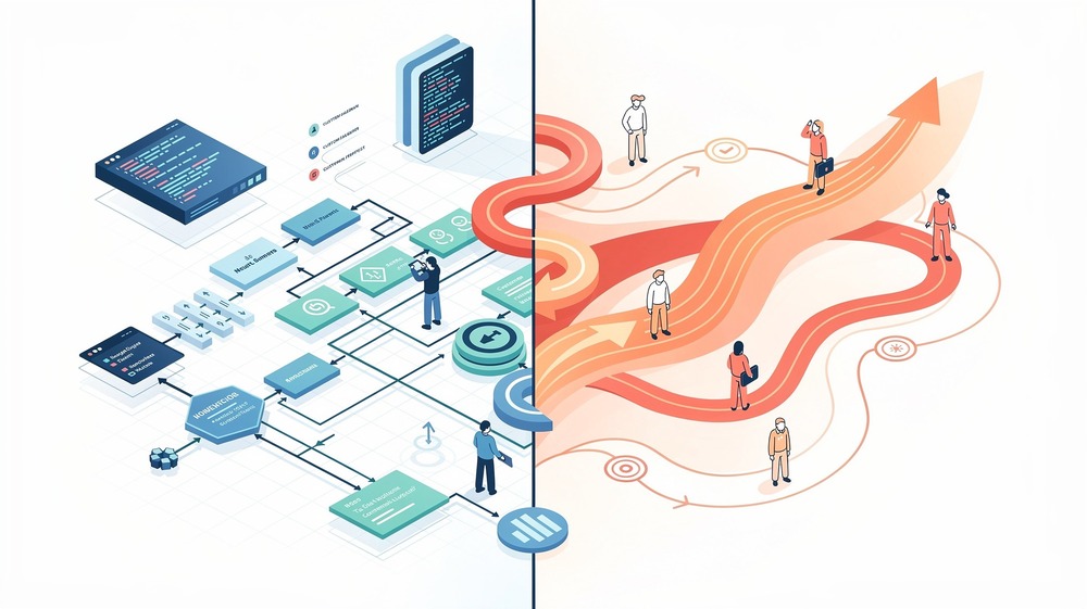 Abstract illustration showing the contrast between engineering logic and market chaos, both equally important for startup success