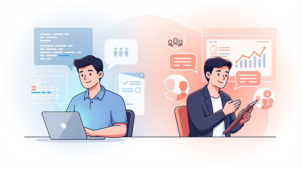 Two focused co-founders working side by side, each deeply engaged in their own domain, technical and business respectively