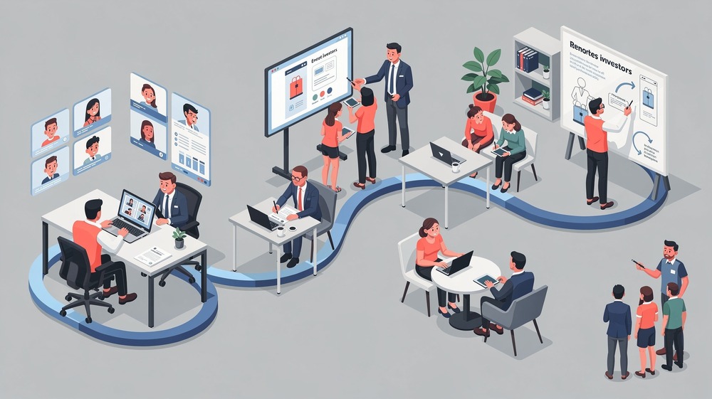 Isometric view of a business founder's day showing investor calls, customer demos, contract negotiations, and hiring interviews