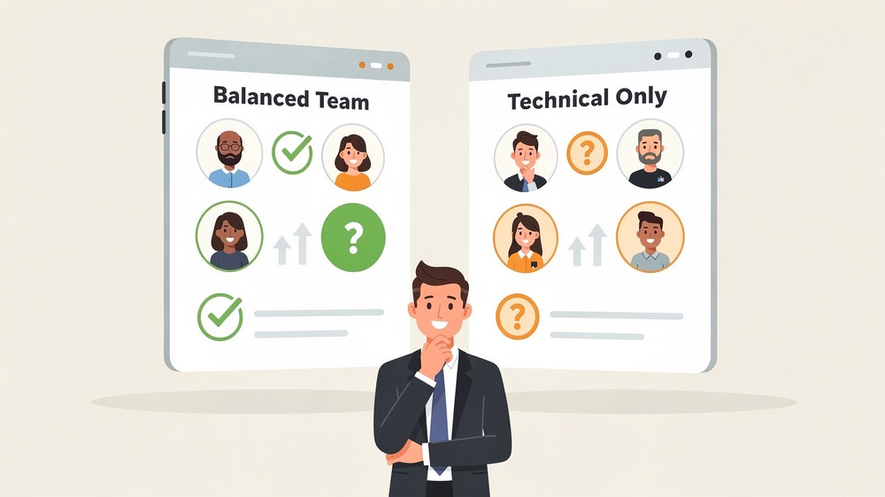 Investor evaluating two startup teams, one balanced with technical and business founders, the other all-technical with question marks