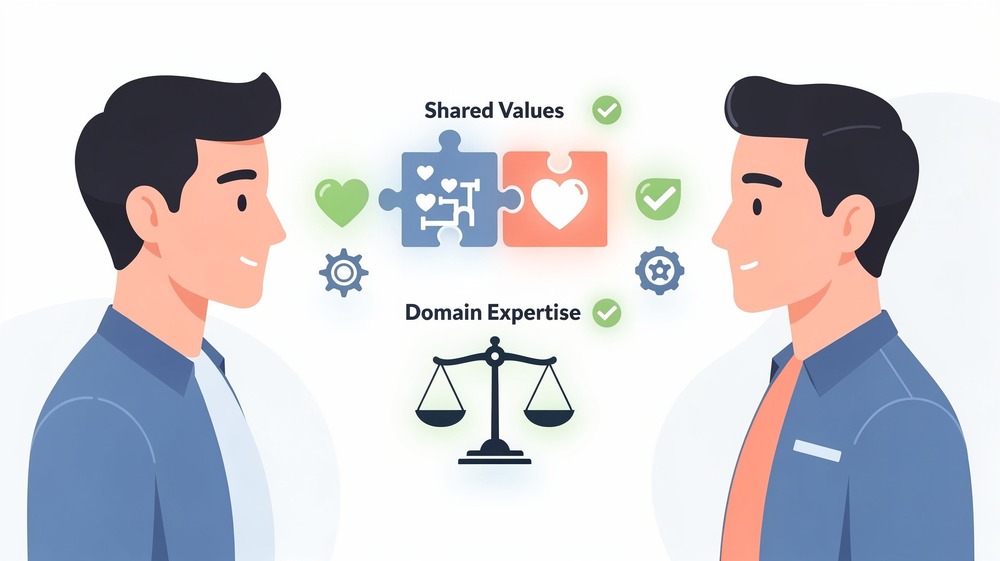 Two founders with visible compatibility indicators showing complementary skills, shared values, and equity alignment