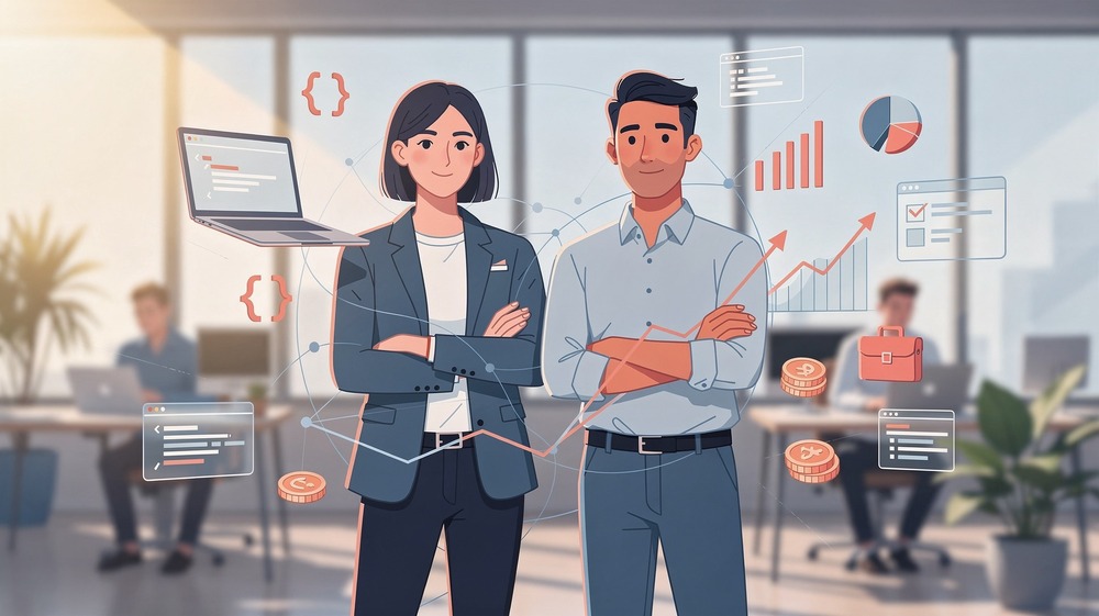 Two startup co-founders standing together as partners, one technical with code elements and one business-focused with charts, their skills complementing each other