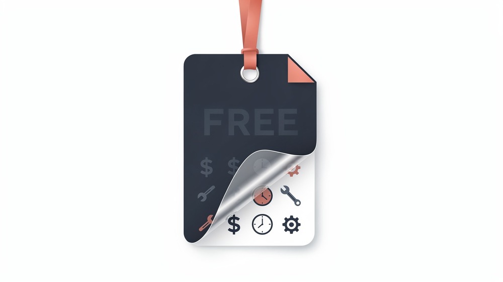 A price tag appearing to say FREE, with a transparent layer peeling back to reveal hidden costs underneath including dollar signs, clocks, and tool symbols