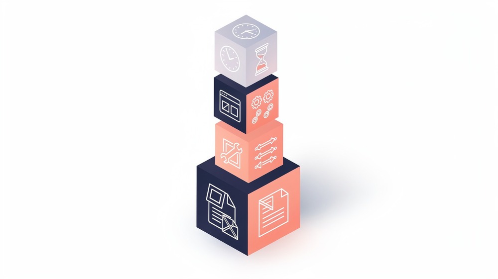 Isometric illustration of building blocks stacking vertically, each representing a layer of organic traffic costs: content creation, SEO services, tools, and time investment