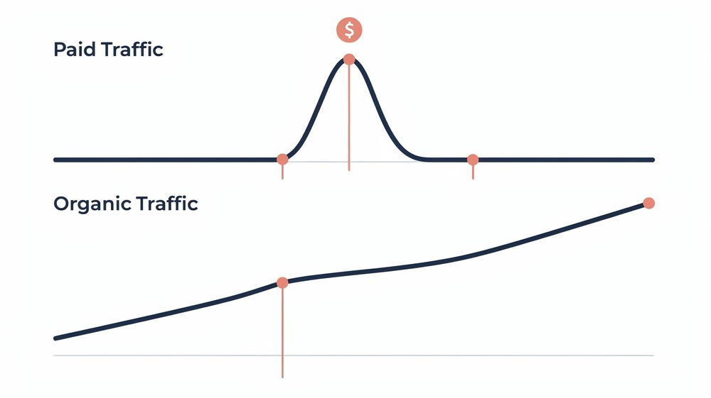 Dual timeline visualization comparing paid traffic showing instant spike then drop when spending stops versus organic traffic showing gradual sustained growth over time