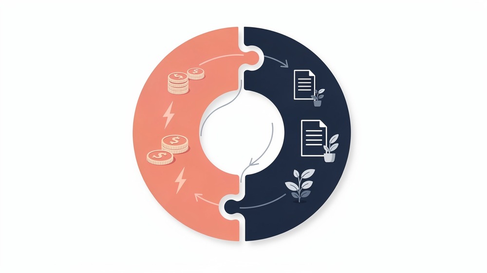 Pie chart illustration showing marketing budget allocation with paid and organic traffic as two complementary sections that fit together like puzzle pieces