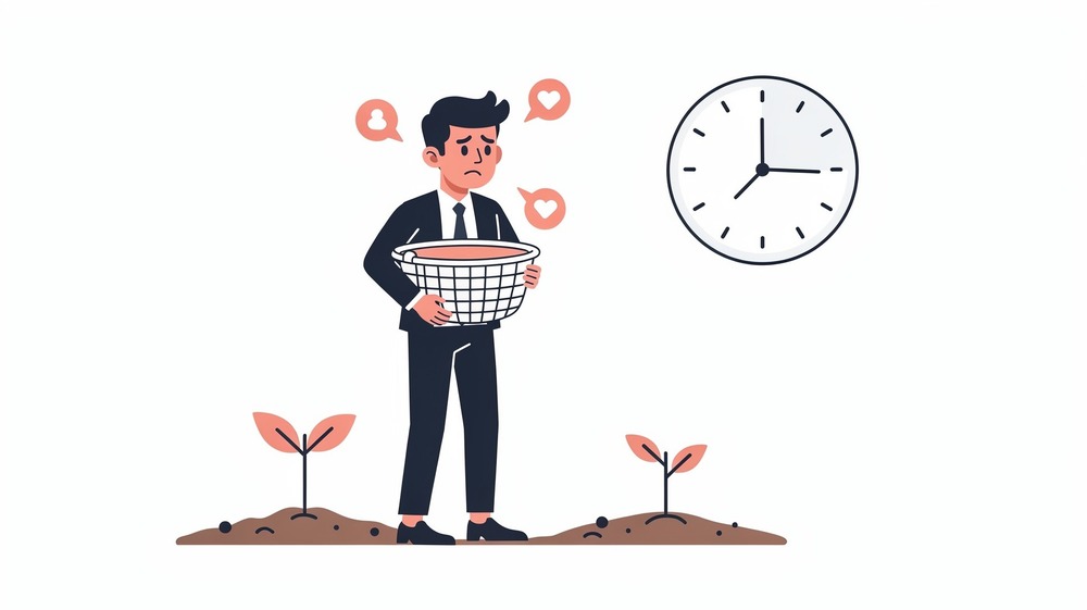 Illustration of a figure looking frustrated at a tiny sprout that just emerged, holding an empty harvest basket expectantly while a calendar shows only three months have passed