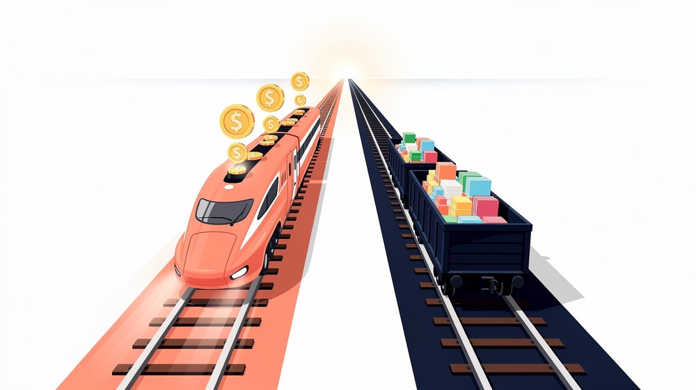 Isometric illustration of two parallel railway tracks extending toward a horizon, one carrying a fast express train with coins representing paid traffic, the other carrying a steady freight train with content representing organic traffic, both converging at the destination