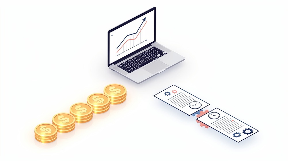 Minimalist illustration showing two diverging paths: one paved with golden coins representing paid traffic, and one made of documents and clocks representing organic traffic investment, both leading to a glowing website