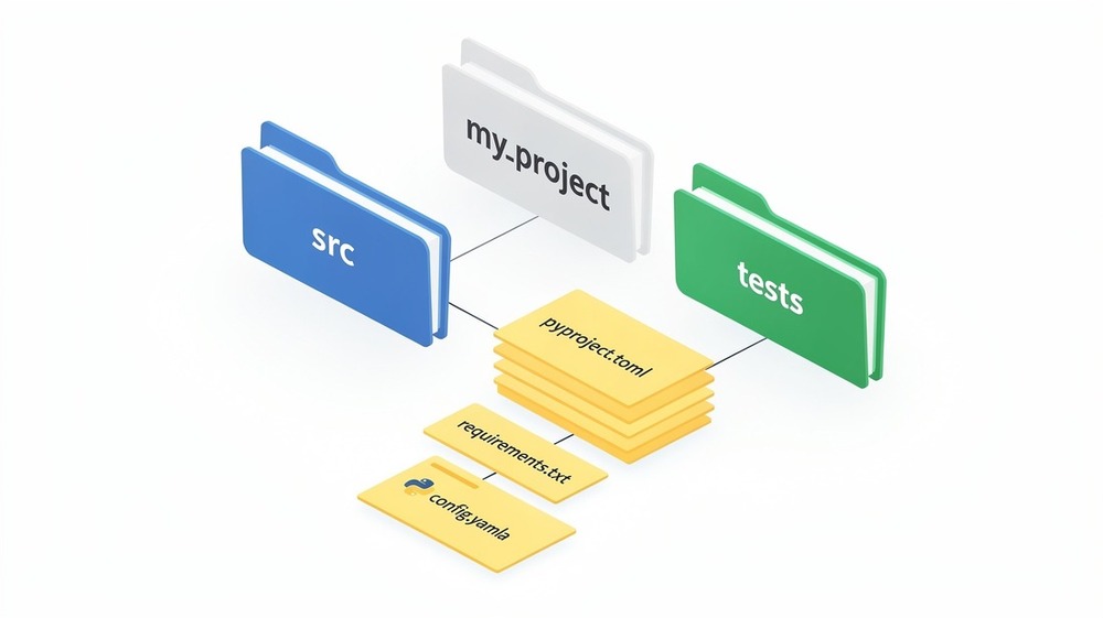 Python project structure diagram showing src-layout with folders for source code, tests, and configuration files