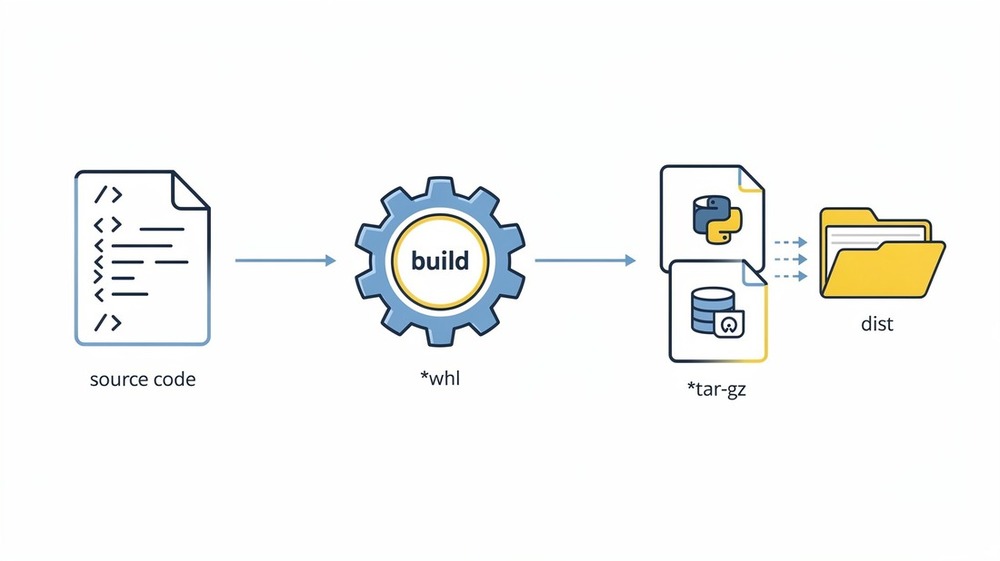 Python build pipeline flowchart showing source code transforming into wheel and sdist packages