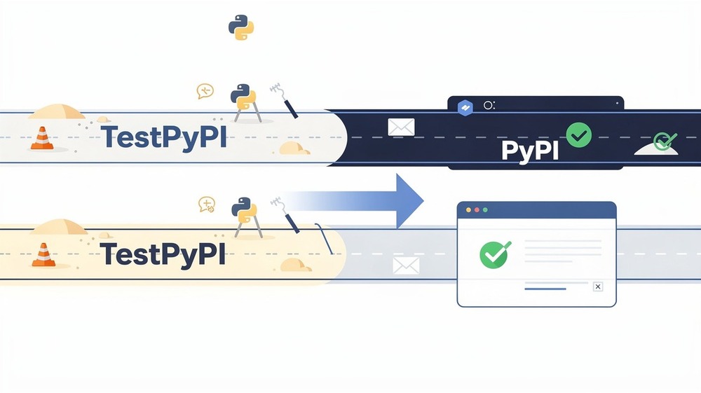 Publishing flow diagram showing TestPyPI sandbox environment leading to production PyPI
