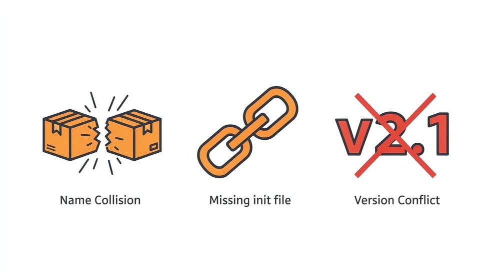 Warning icons illustrating common Python packaging pitfalls like name collisions, missing files, and version conflicts