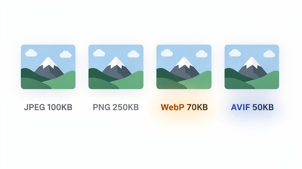 Comparison of image formats showing JPEG, PNG, WebP, and AVIF with their relative file sizes