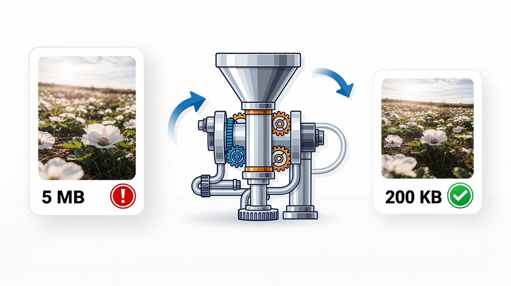 Before and after image compression showing a large 5MB file being reduced to 200KB through a compression process