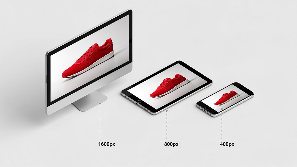 Three devices showing desktop, tablet, and smartphone each displaying appropriately sized images
