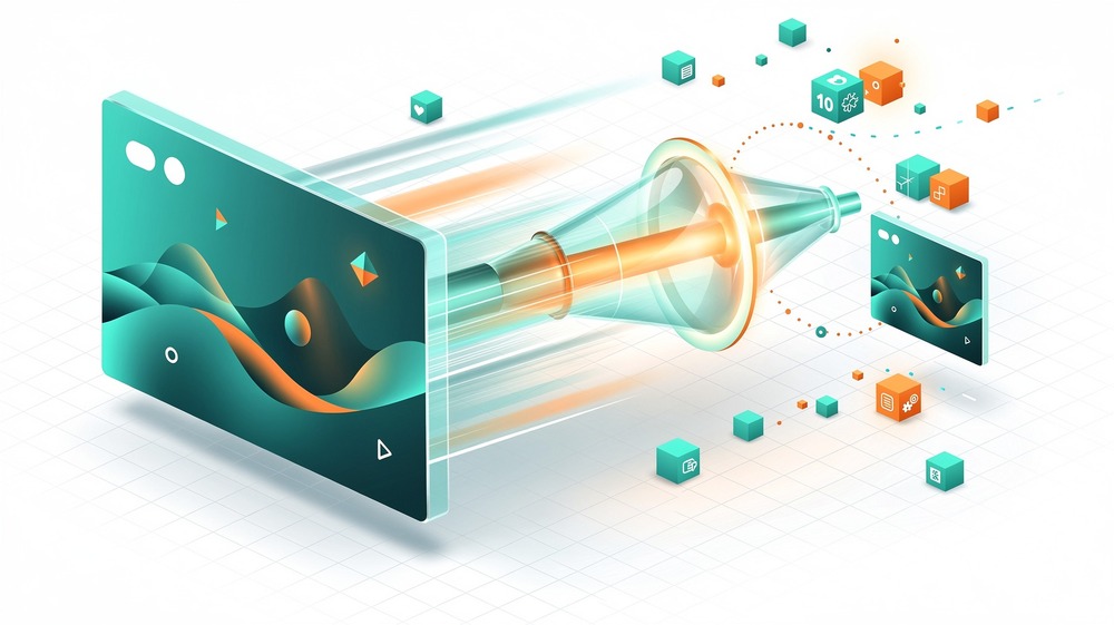 Abstract illustration showing image compression and optimization with a photograph being transformed through a glowing funnel